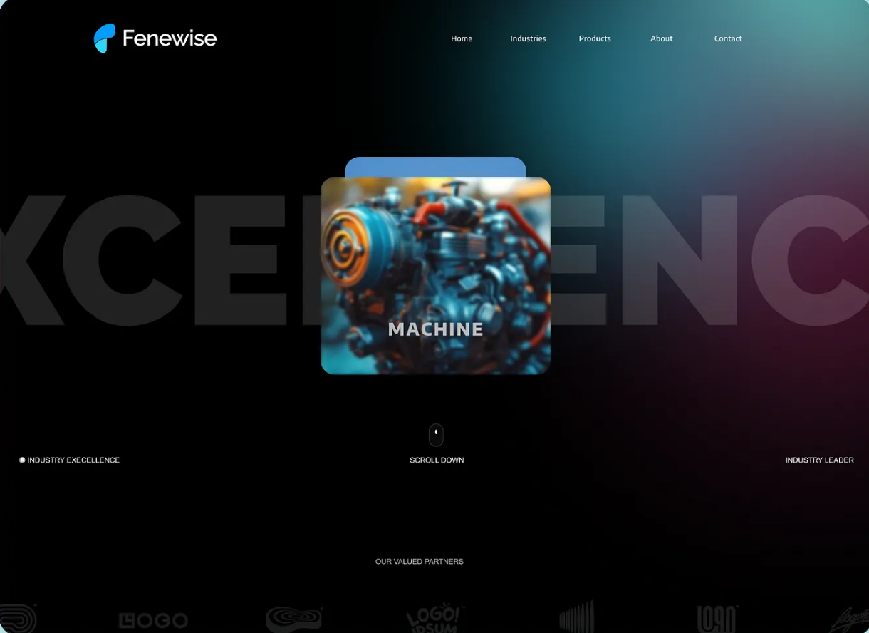 Fenewise IoT website with a dark gradient and layered industrial machine imagery